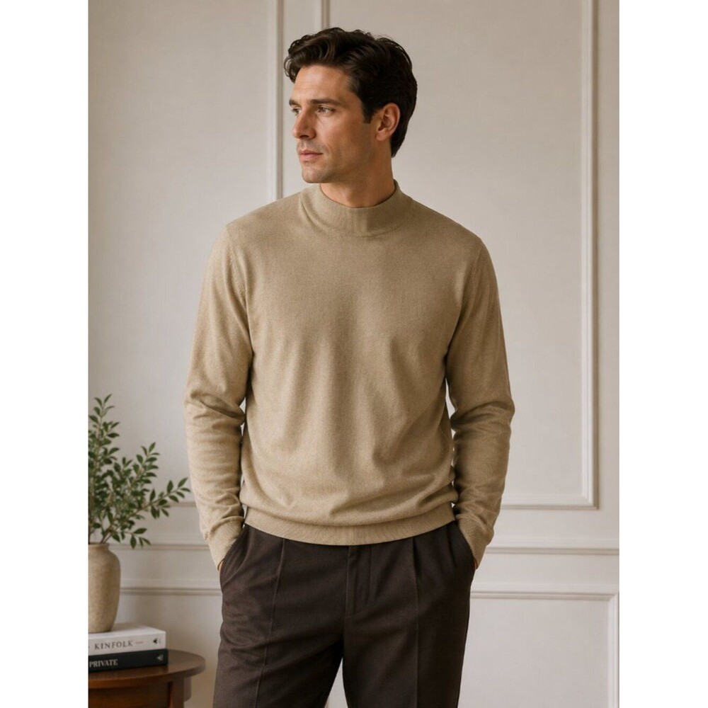 Jos. A. Bank 100% Silk Mock Neck Sweater Mens M Beige Lightweight Luxury Knit